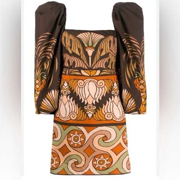 Johanna Ortiz Elegant Brown and Orange Patterned puffy sleeves mini Dress, US8 - Picture 4 of 14